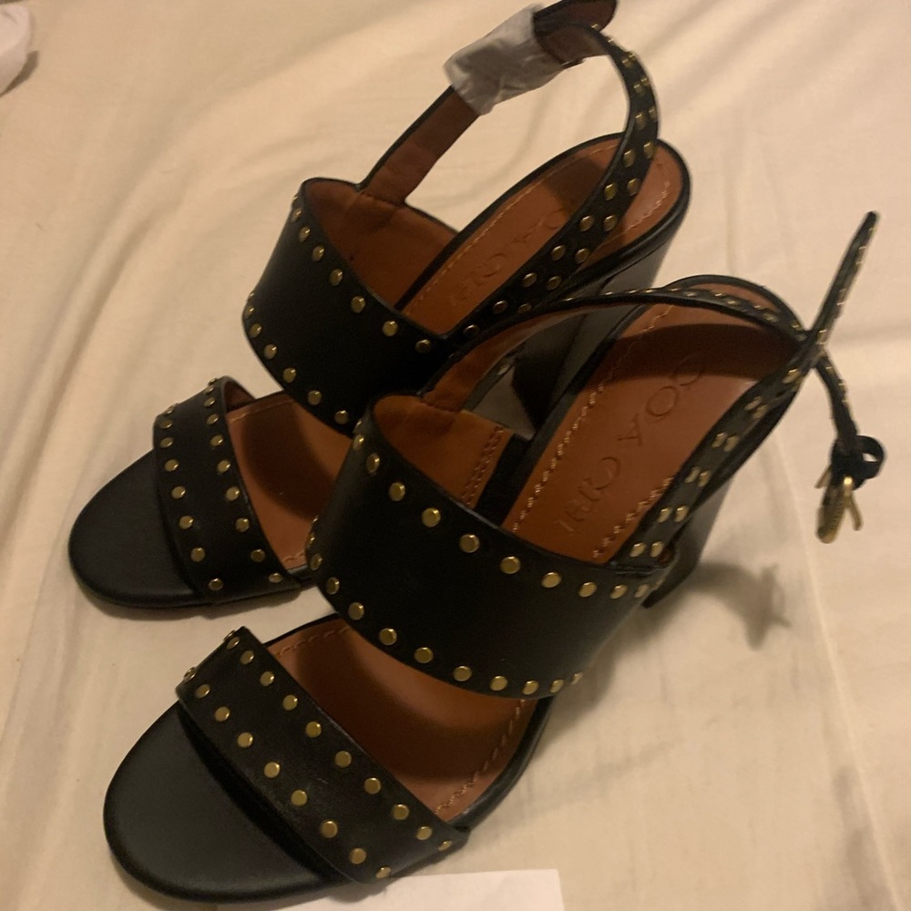 Coach Gold Studded Rylie Block Heel Sandals Black